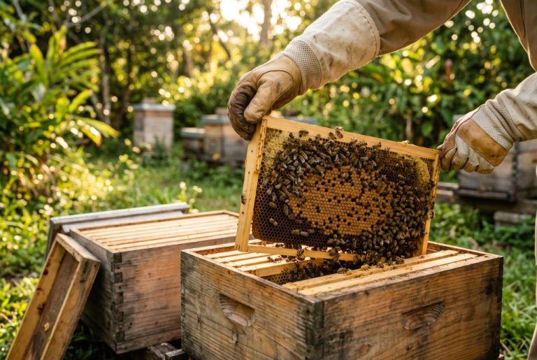 Beekeeper lifting a wooden Langstroth brood frame covered in bees and capped brood into a nucleus split box